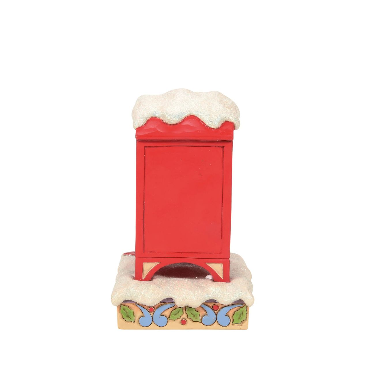 In a comical scene of holiday mischief, The Grinch hides inside a red mailbox, tearing up letters to Santa. Decorated with Jim Shore's signature rosemaling and patchwork, this piece captures The Grinch's sneaky spirit with a festive twist.