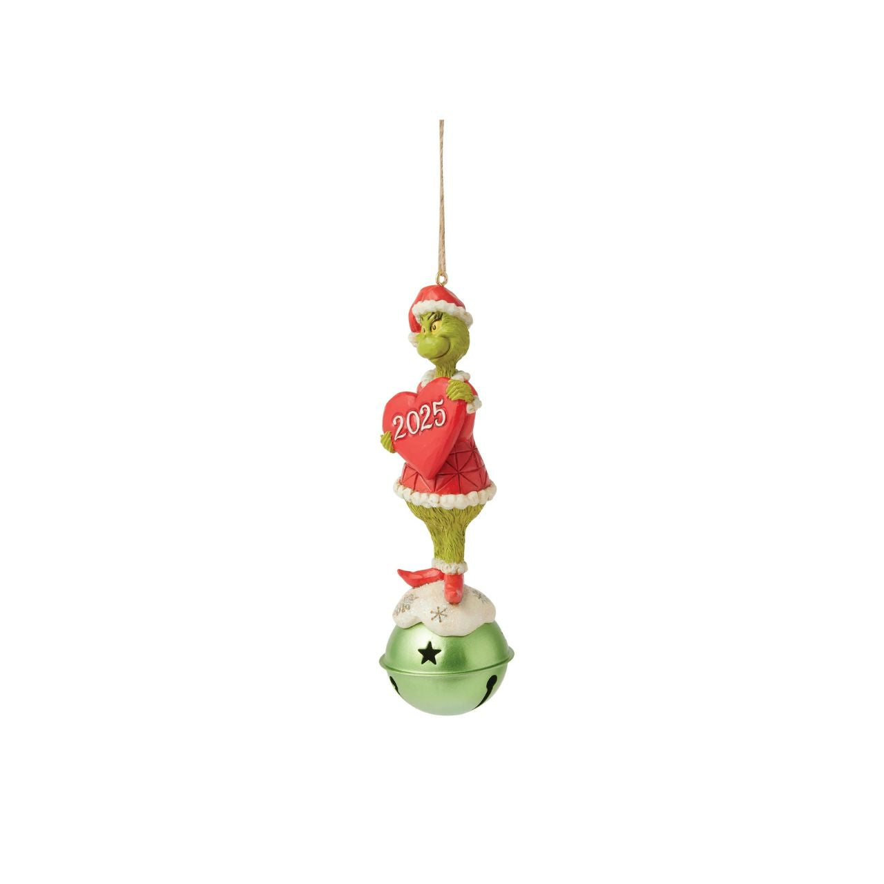 Perched atop a gleaming jingle bell, the Grinch grins in his Santa suit, holding a heart marked with the year 2025. This festive Jim Shore ornament reminds us to live in the moment and create holiday moments worth remembering for years to come.