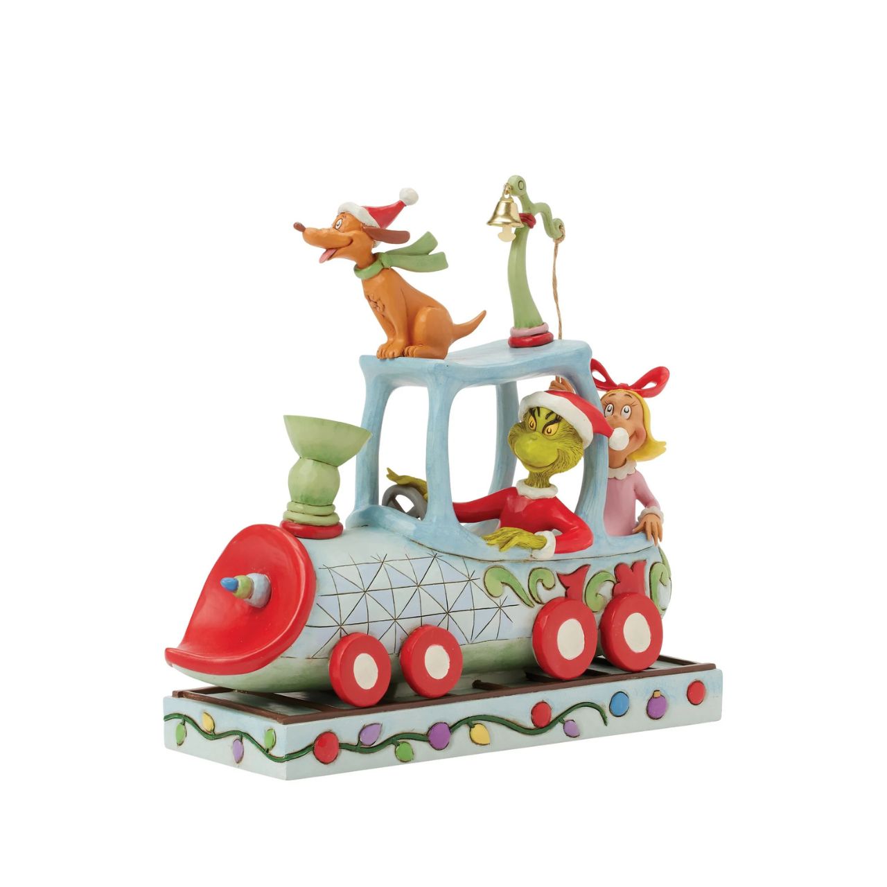 All aboard the Grinchy Express. In this charming Jim Shore creation, The Grinch steers a train engine adorned with delightful floral rosemaling. Max rides on top while Cindy Lou rings a real bell, bringing Seuss's classic tale to life with sound.