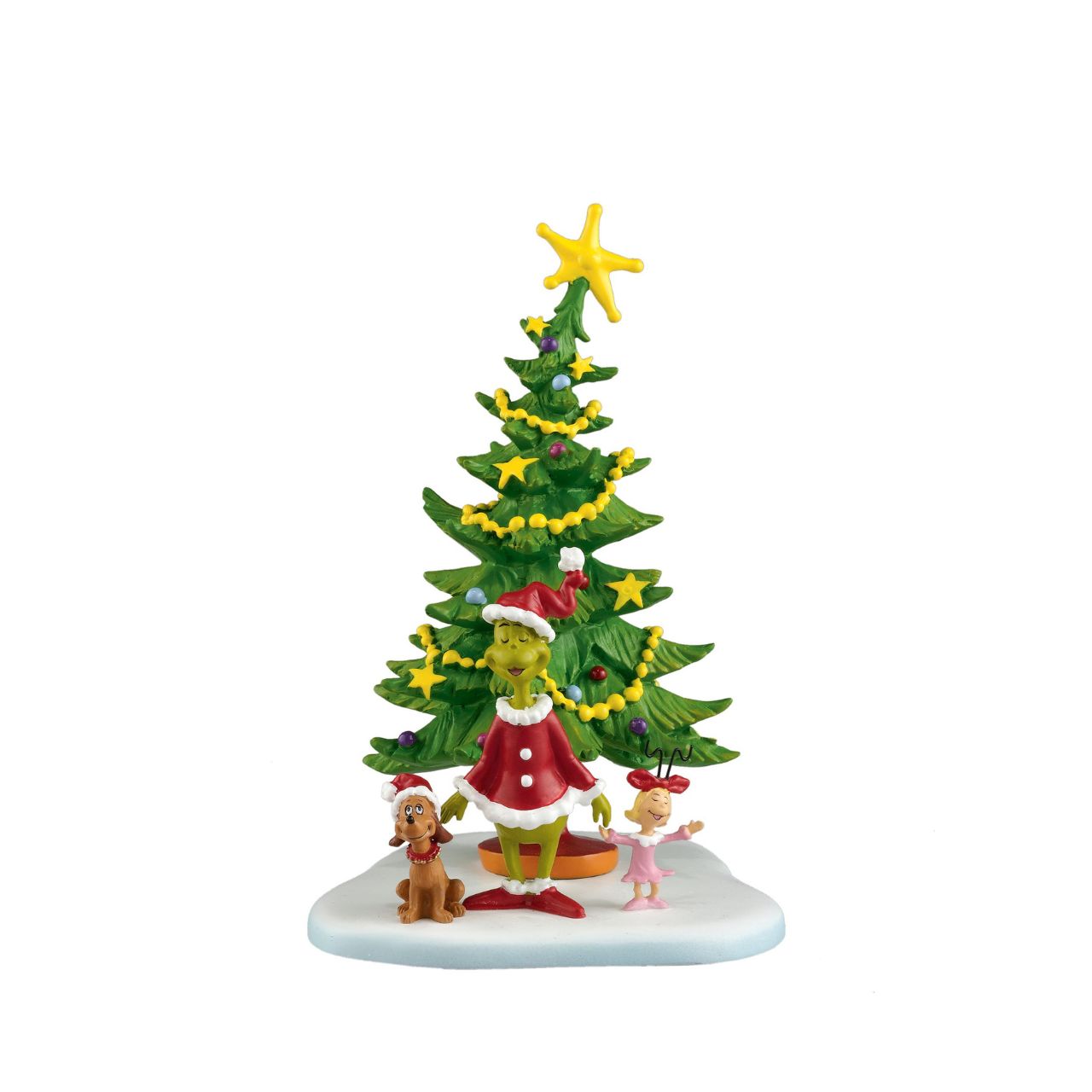 From the Wonderful world of Dr. Seuss and handcrafted to the delight of Seuss fans everywhere. Featuring The Grinch, Max and Cindy-Lou Who with a beautiful, festive Christmas tree. Perfect to add to your Grinch Village display.