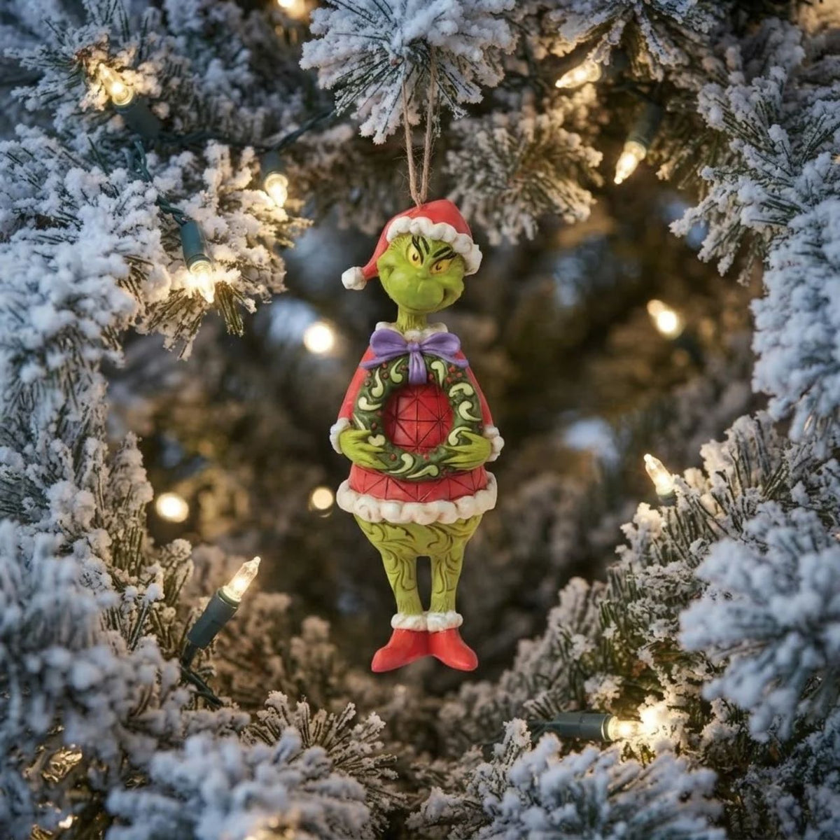 A perfect addition to any Christmas tree, this intricate Jim Shore bauble features The Grinch dressed as Santa. Holding a wreath between his conniving claws, his smile is closer to a sneer as he plots his next theft from your tree.