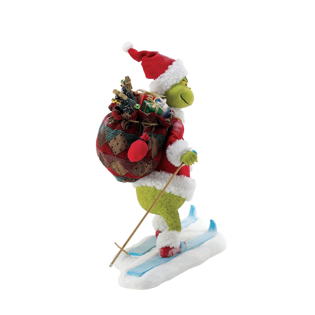 Designed by our elite Possible Dreams team, The Grinch is making his escape from Whoville on a pair of sporty skis. Each Possible Dreams piece takes two years to make, from concept to finished figurine. Dressed in Clothtique- a stiffened fabric - they are designed to last and last.