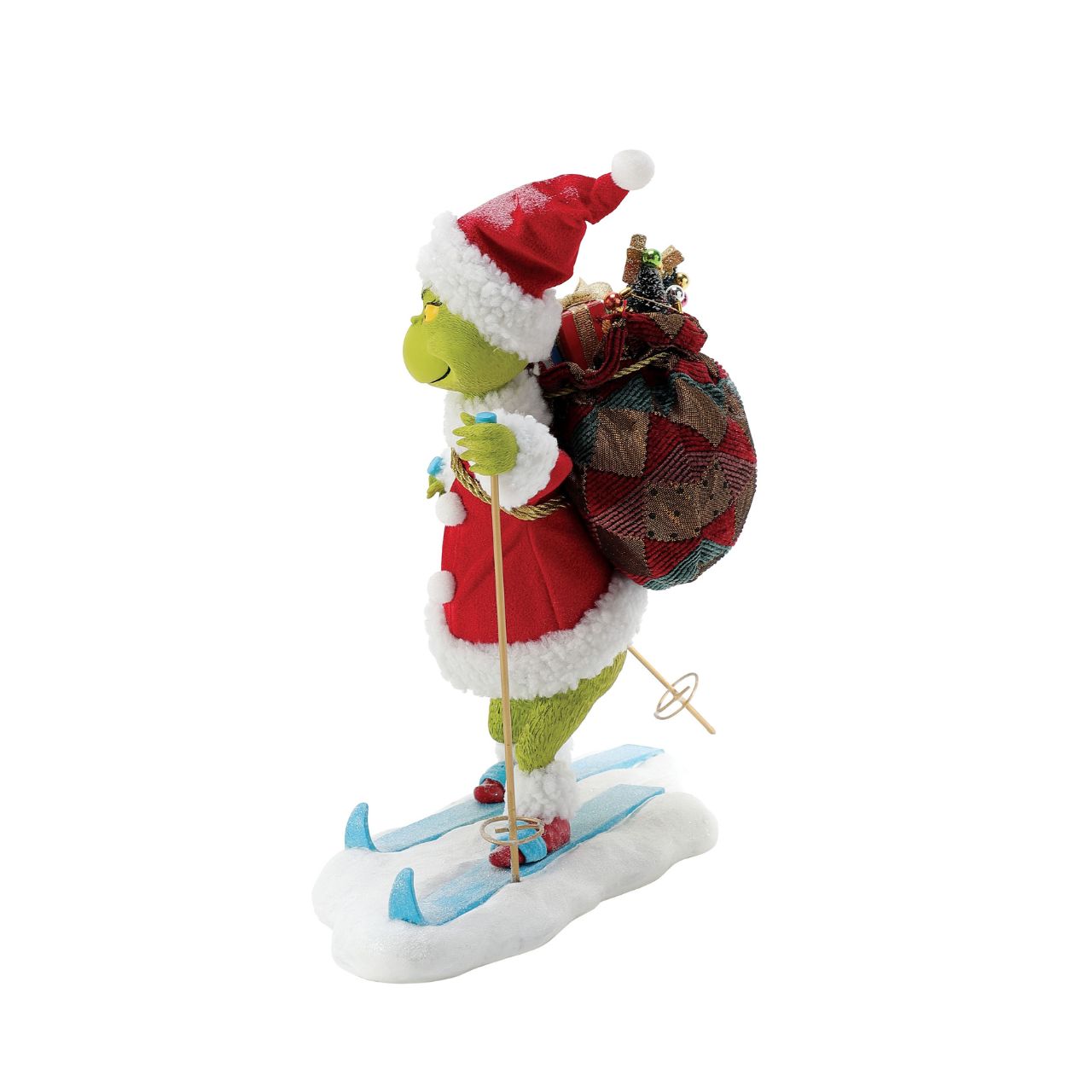 Designed by our elite Possible Dreams team, The Grinch is making his escape from Whoville on a pair of sporty skis. Each Possible Dreams piece takes two years to make, from concept to finished figurine. Dressed in Clothtique- a stiffened fabric - they are designed to last and last.