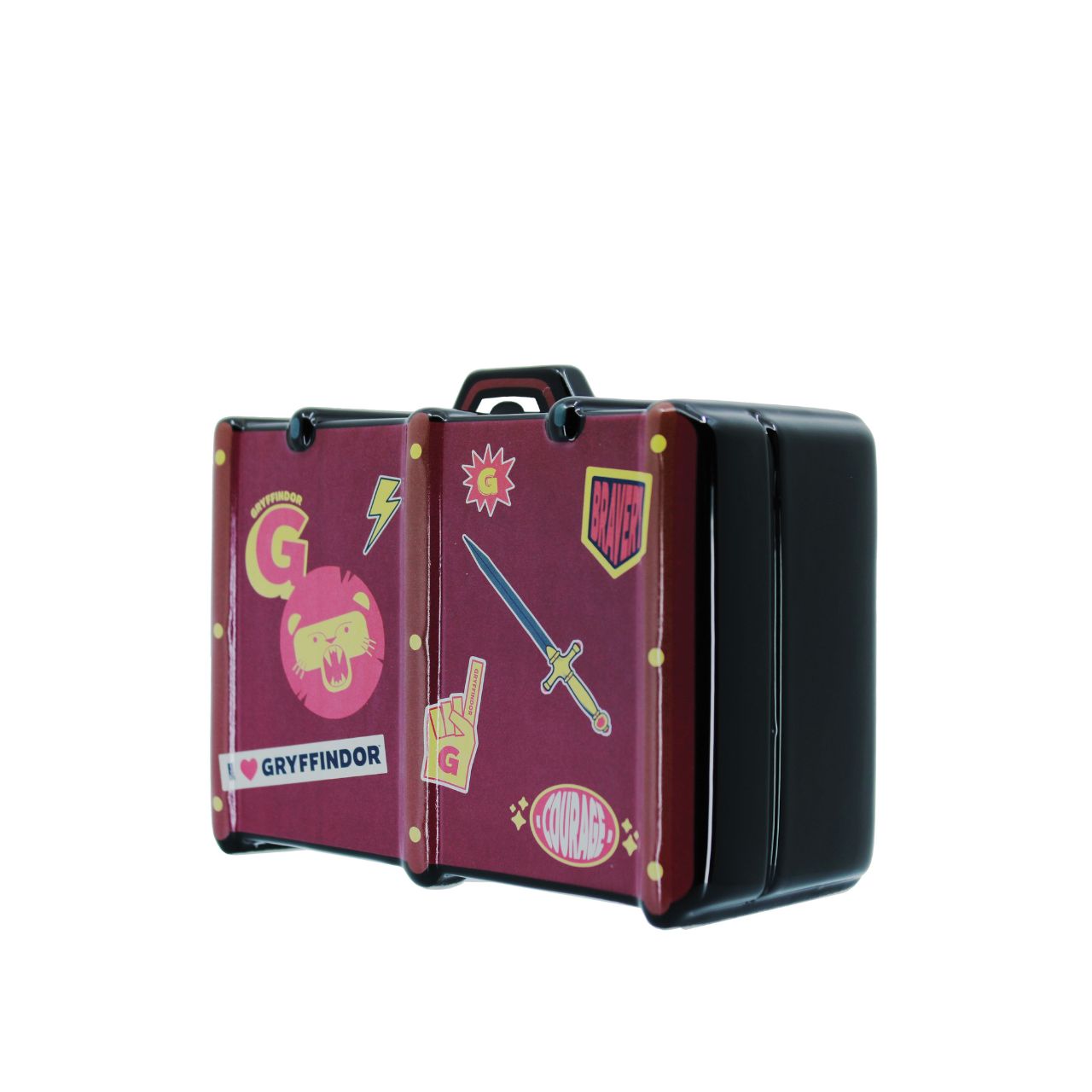 Show your house pride with the Gryffindor luggage ceramic bank. All decked out with badges and decals that show Gryffindor is number one. Rubber seal gasket keeps coins safe.