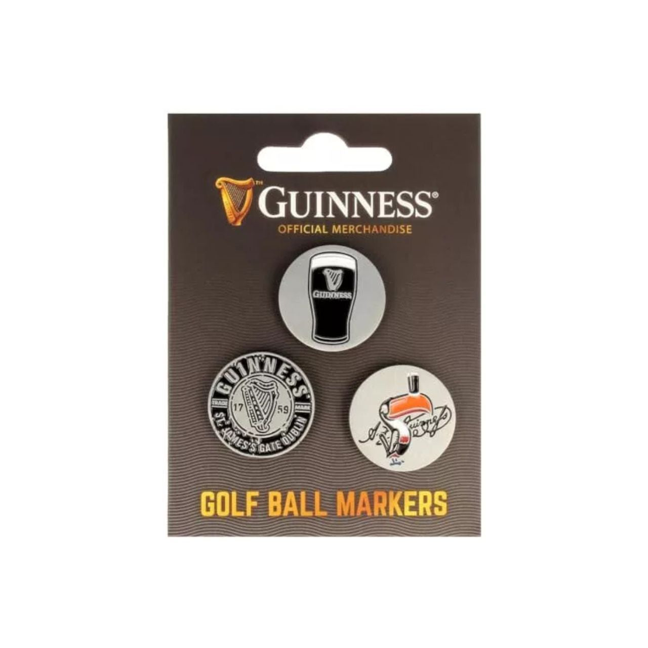 Enhance your golfing experience with this set of three Guinness Golf Ball Markers. Featuring the classic Guinness Pint, the distinctive Gilroy Toucan, and the iconic Guinness Logo, these markers help you precisely mark your position on the course.