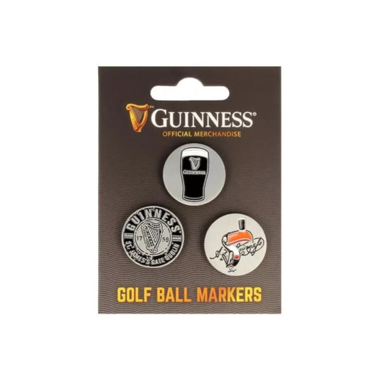 Enhance your golfing experience with this set of three Guinness Golf Ball Markers. Featuring the classic Guinness Pint, the distinctive Gilroy Toucan, and the iconic Guinness Logo, these markers help you precisely mark your position on the course.