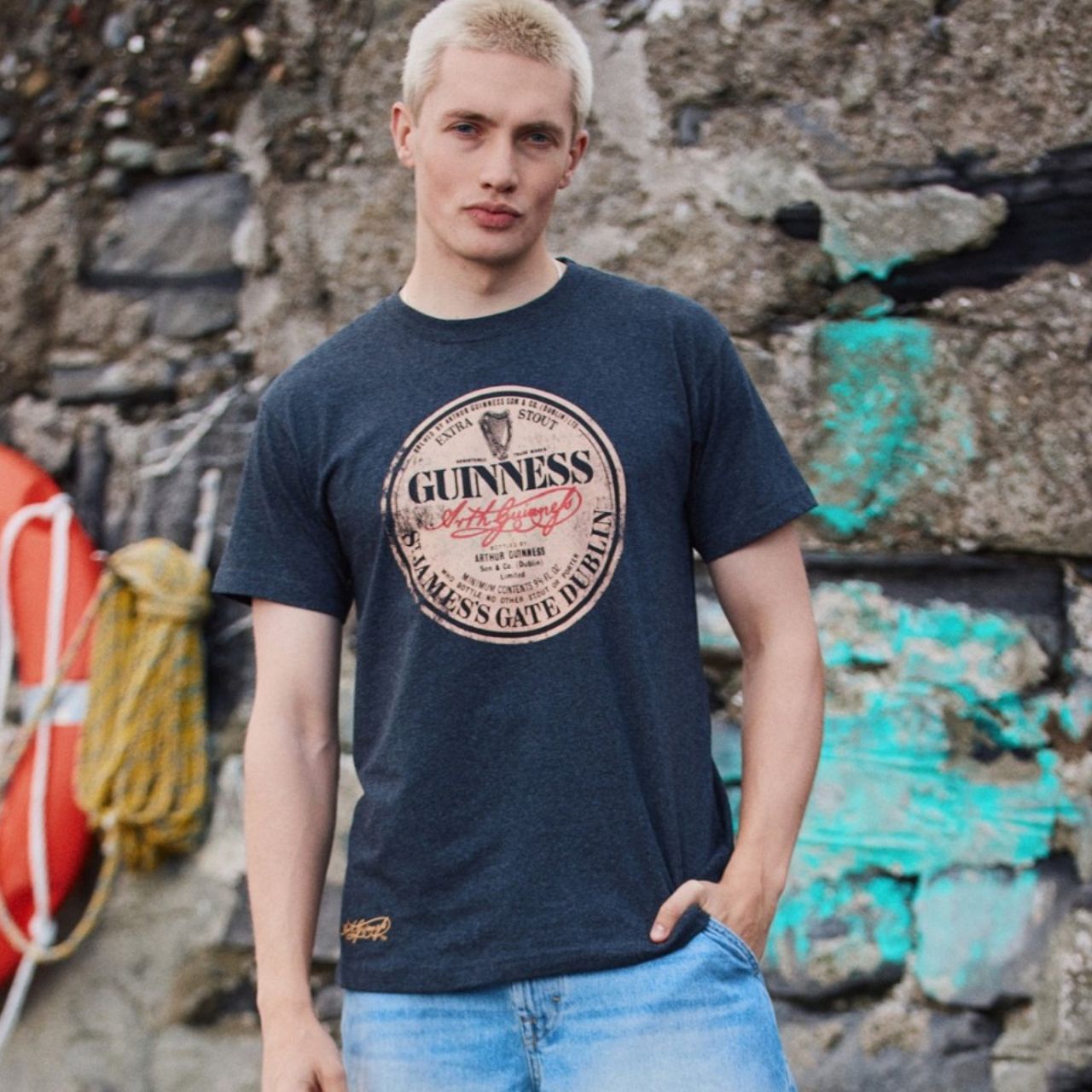 Acid Wash Grey Tee with Vintage Label Design.