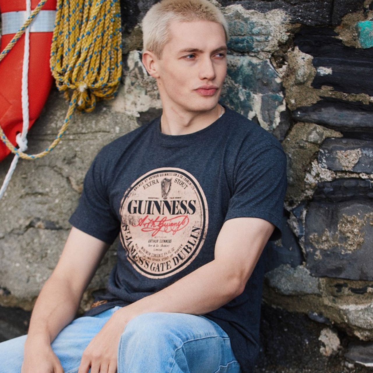 Acid Wash Grey Tee with Vintage Label Design.