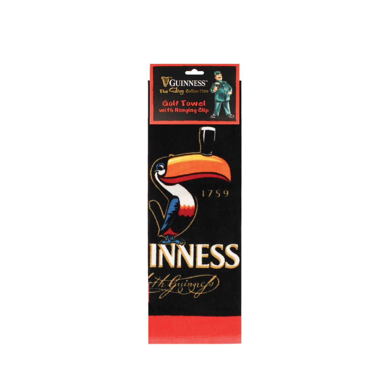The Guinness Gilroy Golf Towel, featuring a red and black design, combines style and functionality, making it an essential companion for your time on the golf course.