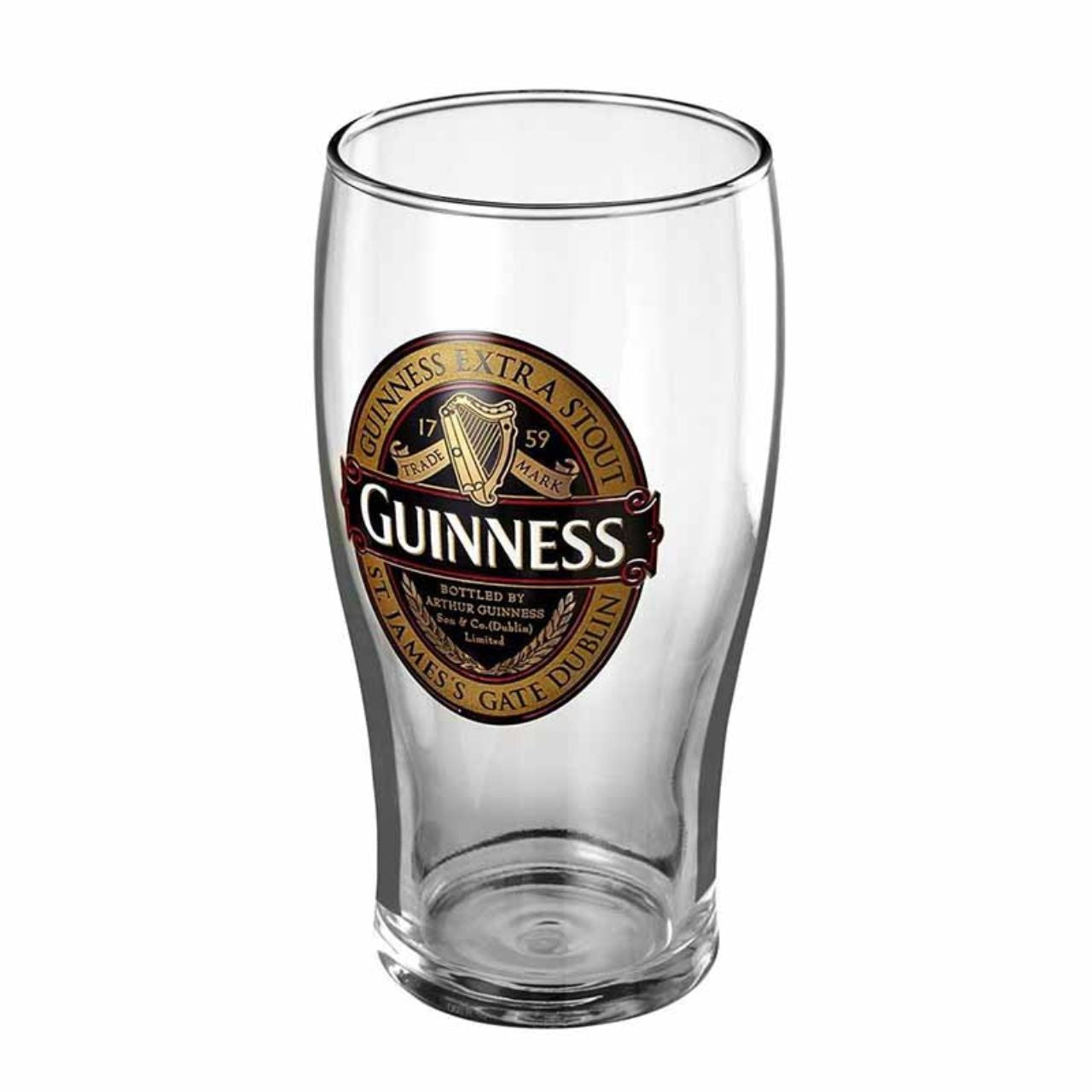 Enjoy your next pint of Guinness with lively ruby red vibes with this Guinness Ruby Red Pint Glass! This pint-sized glass come in a classically elegant, tulip-shaped silhouette, with a base neck that is narrow and gradually flares up to the brim in an elongated bulbous shape. On the front of each glass is a recreation of the Guinness Extra Stout bottle label in a radiant gold and ruby red color scheme.