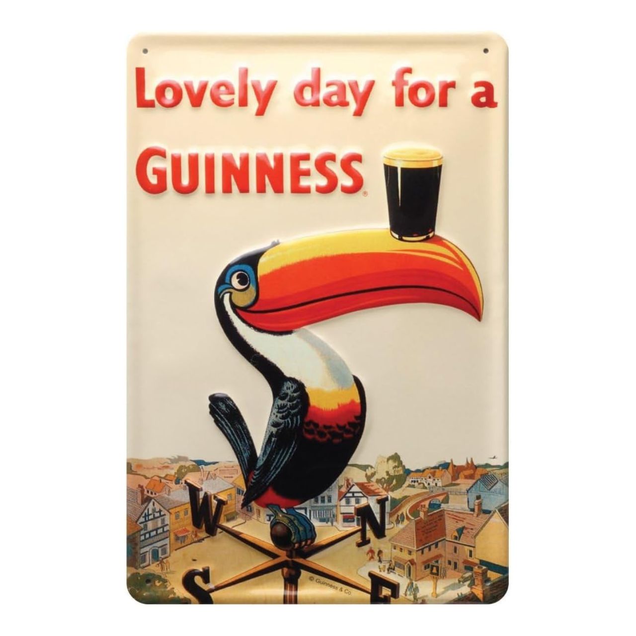 The Guinness 'Lovely day for a Guinness' Wall Art features the 'Lovely day for a Guinness' toucan weathervane vintage ad on the front, is 11"L x 5" and is made from metal. This product is intended for purchase and enjoyment by people of legal purchase age for alcohol beverages.