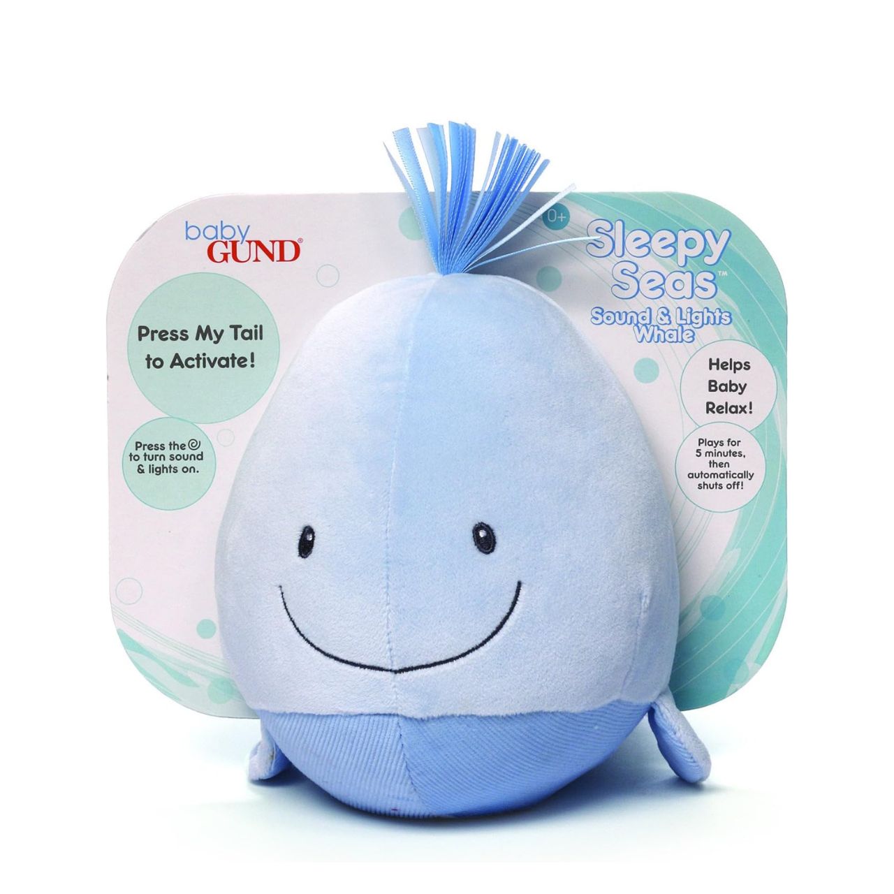 GUND Baby Sleepy Sea's Sound Whale - Small  This musical plush toy will help your babies drift off to sleep. The whale is presented in an oh-so-soft light blue fabric, with blue ribbons for its hair, and dark embroidery creating a smiling face. Press the left fin and the animated whale splashes into life. Press the musical note on its right fin and the plush starts to play one of five different noises: