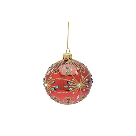 Red Christmas Bauble Floral Design Hand Decorated  A Floral hand decorated red bauble by THE SEASONAL GIFT CO.  This ornate Christmas bauble exudes festive cheer and will stand out amongst the branches on the tree.