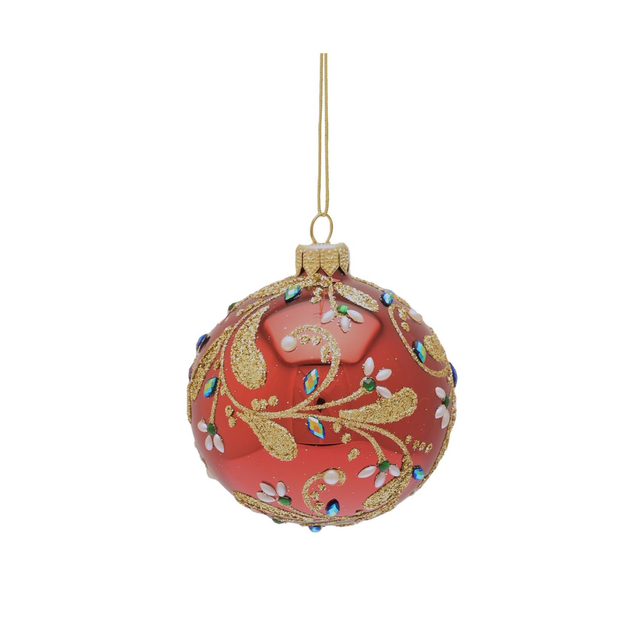 Red Christmas Bauble Leaf Design Hand Decorated  A Leaf hand decorated red bauble by THE SEASONAL GIFT CO.  This ornate Christmas bauble exudes festive cheer and will stand out amongst the branches on the tree.
