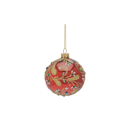 Red Christmas Bauble Leaf Design Hand Decorated  A Leaf hand decorated red bauble by THE SEASONAL GIFT CO.  This ornate Christmas bauble exudes festive cheer and will stand out amongst the branches on the tree.