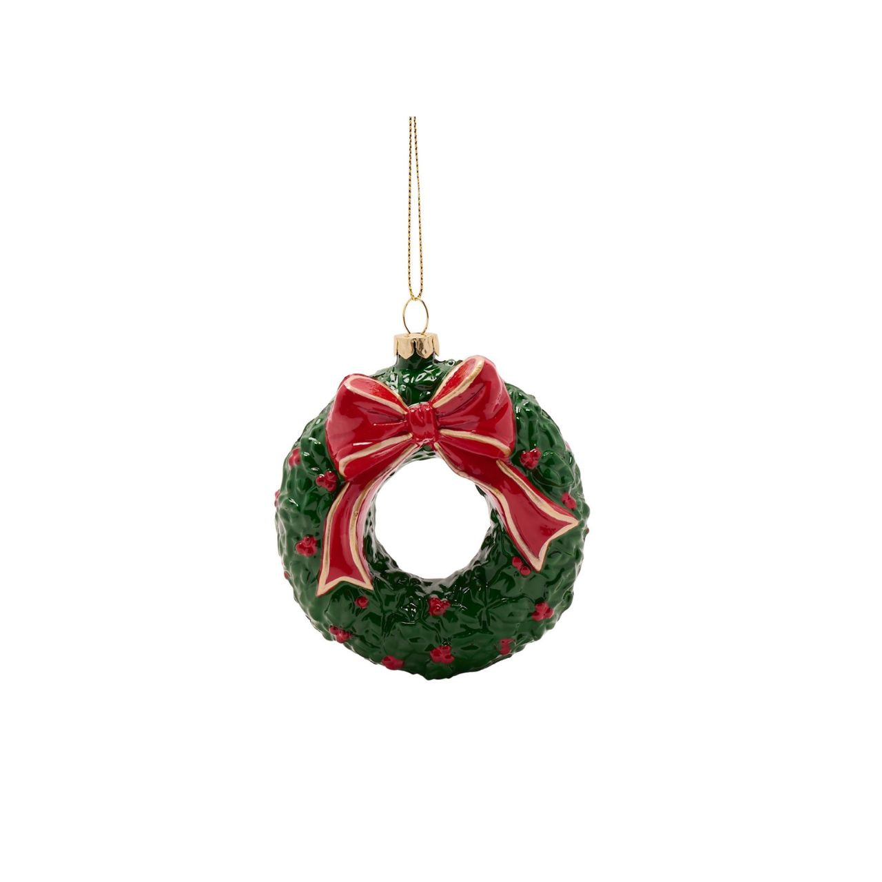 Brighten your home with this charming Christmas wreath ornament, festively decorated with a pretty red bow. Boasting a traditional round shape with seasonal greenery and berries, this decorative accent evokes the magic of Christmas.