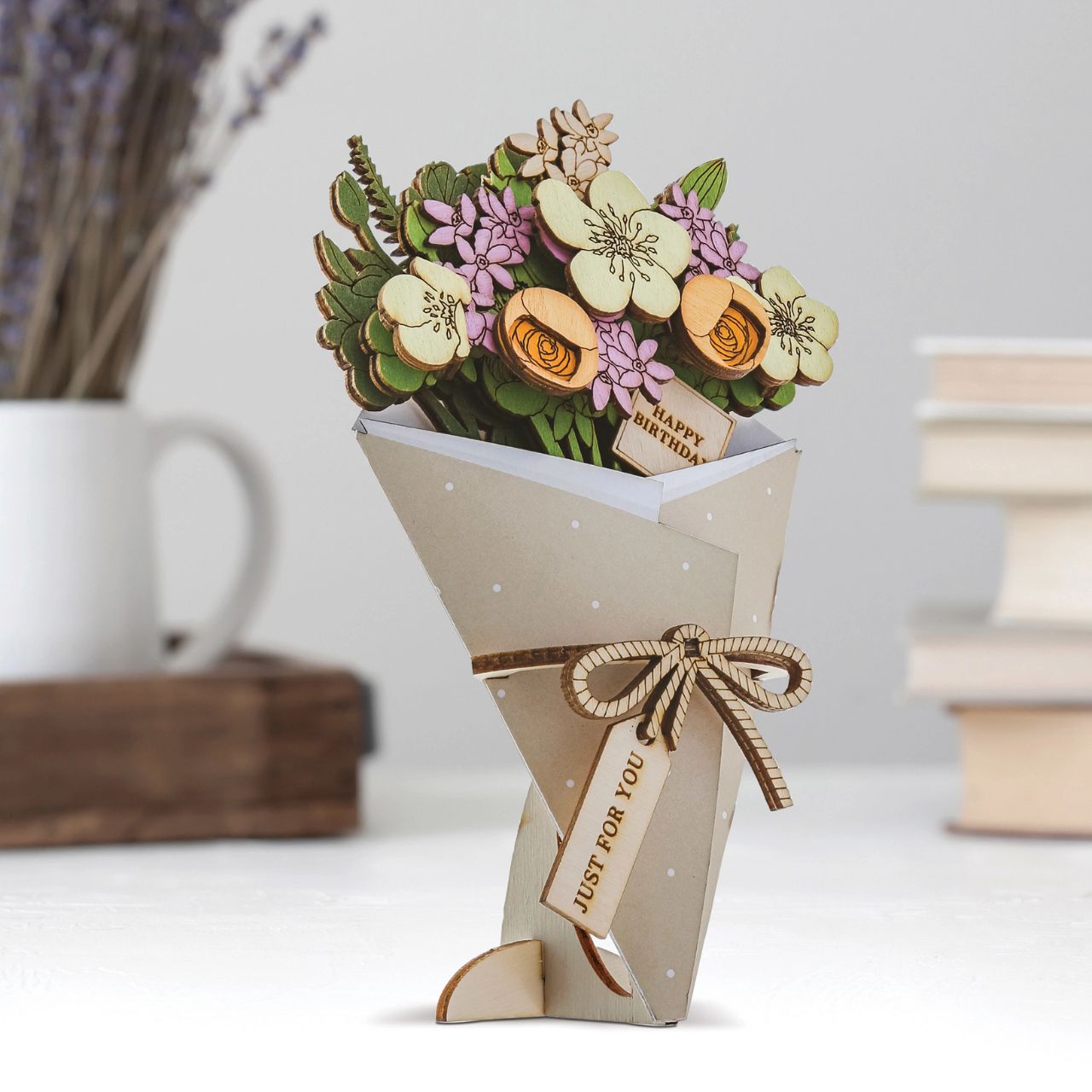 Surprise and delight someone with a beautiful bouquet figural card - Send them loads of love through the post with our letterbox inspired 3D figurine card.