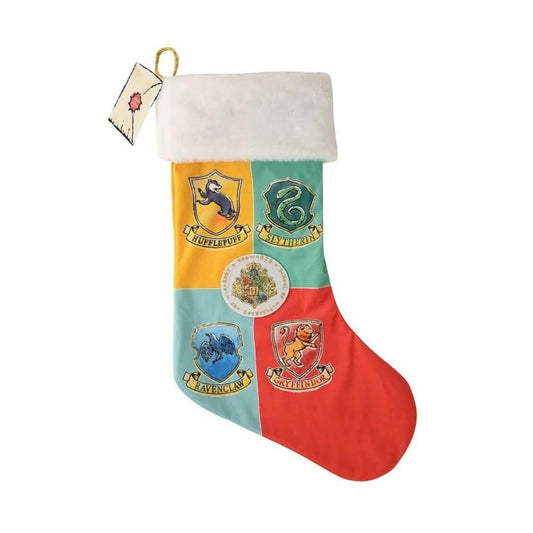 Harry Potter Charms Stocking - Houses  A Hogwarts Houses Christmas stocking by Warner Bros. This soft, multi-coloured fabric stocking features each of the four Hogwarts House logos - Gryffindor, Hufflepuff, Ravenclaw and Slytherin