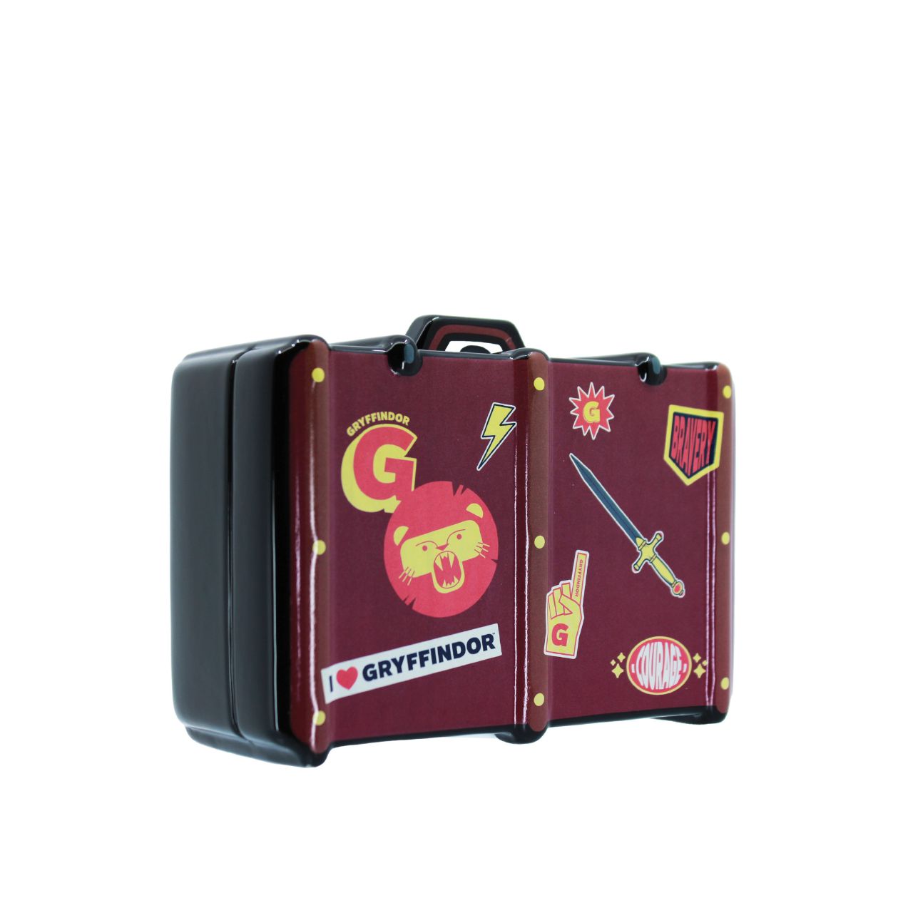 Show your house pride with the Gryffindor luggage ceramic bank. All decked out with badges and decals that show Gryffindor is number one. Rubber seal gasket keeps coins safe.