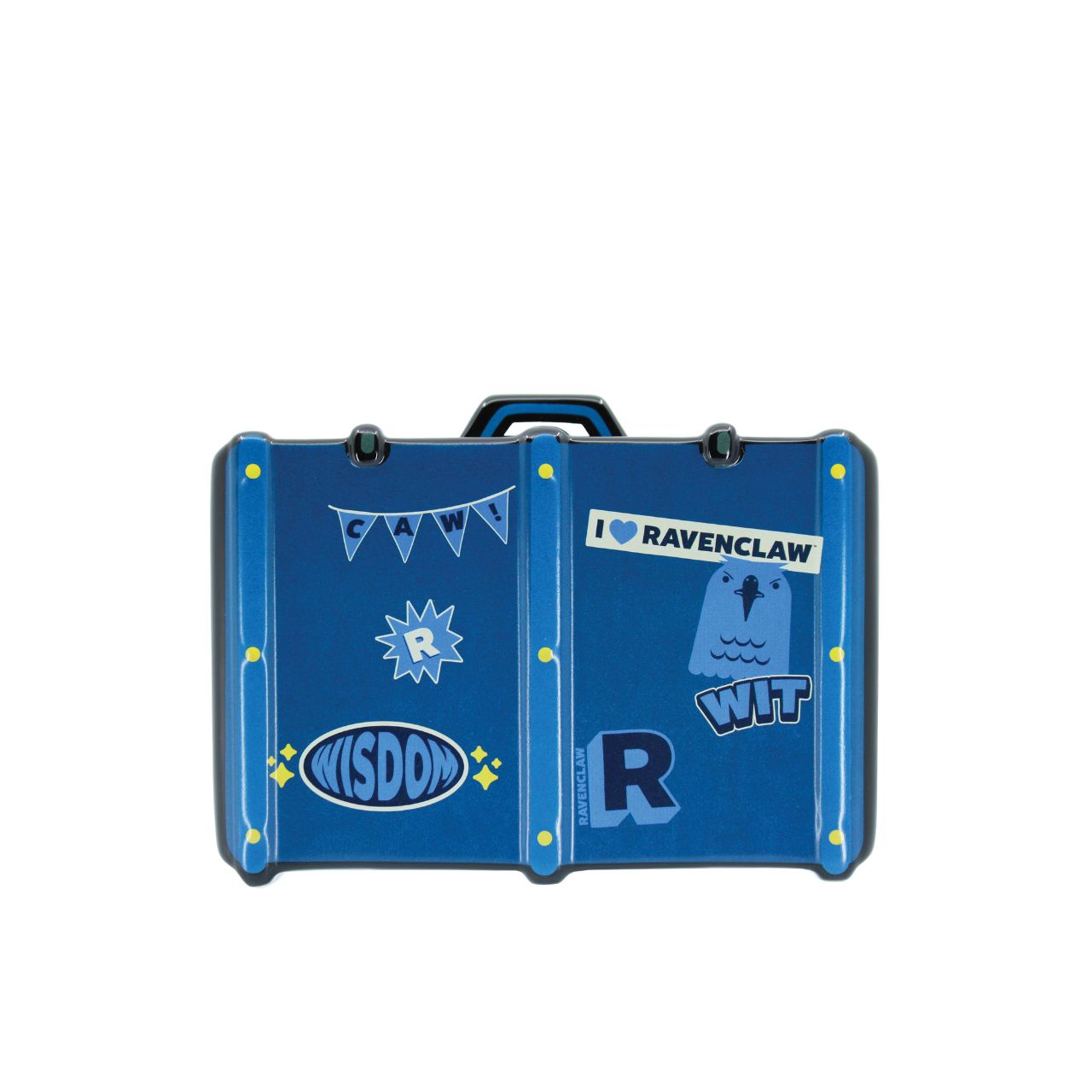 A blue hard-shell suitcase with Ravenclaw-themed stickers, including 'I ❤️ RAVENCLAW', 'WIT', 'KISDOM', and a Ravenclaw crest, on a plain white background.