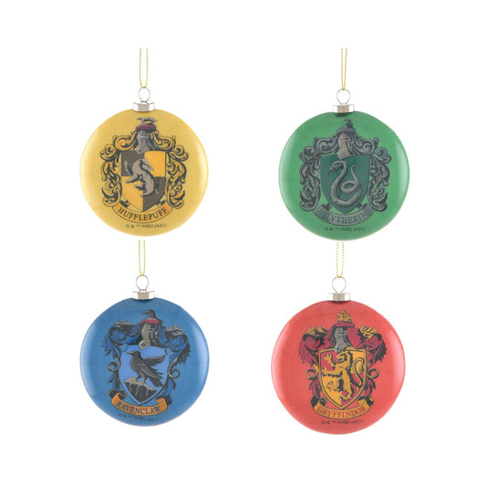 Christmas Harry Potter Set of 4 Flat Baubles - Hogwarts Houses  Add a magical touch to your Christmas tree with these vibrant, flat baubles. Whether you're a wizard or witch in the making, featuring all four houses, this set of four decorations is perfect for any Hogwarts-loving home!