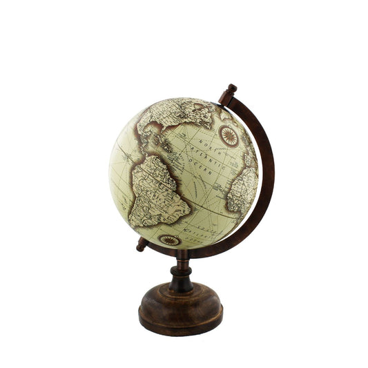A stunning vintage style globe with a geopolitical world map and metal and wooden base from Emporium.