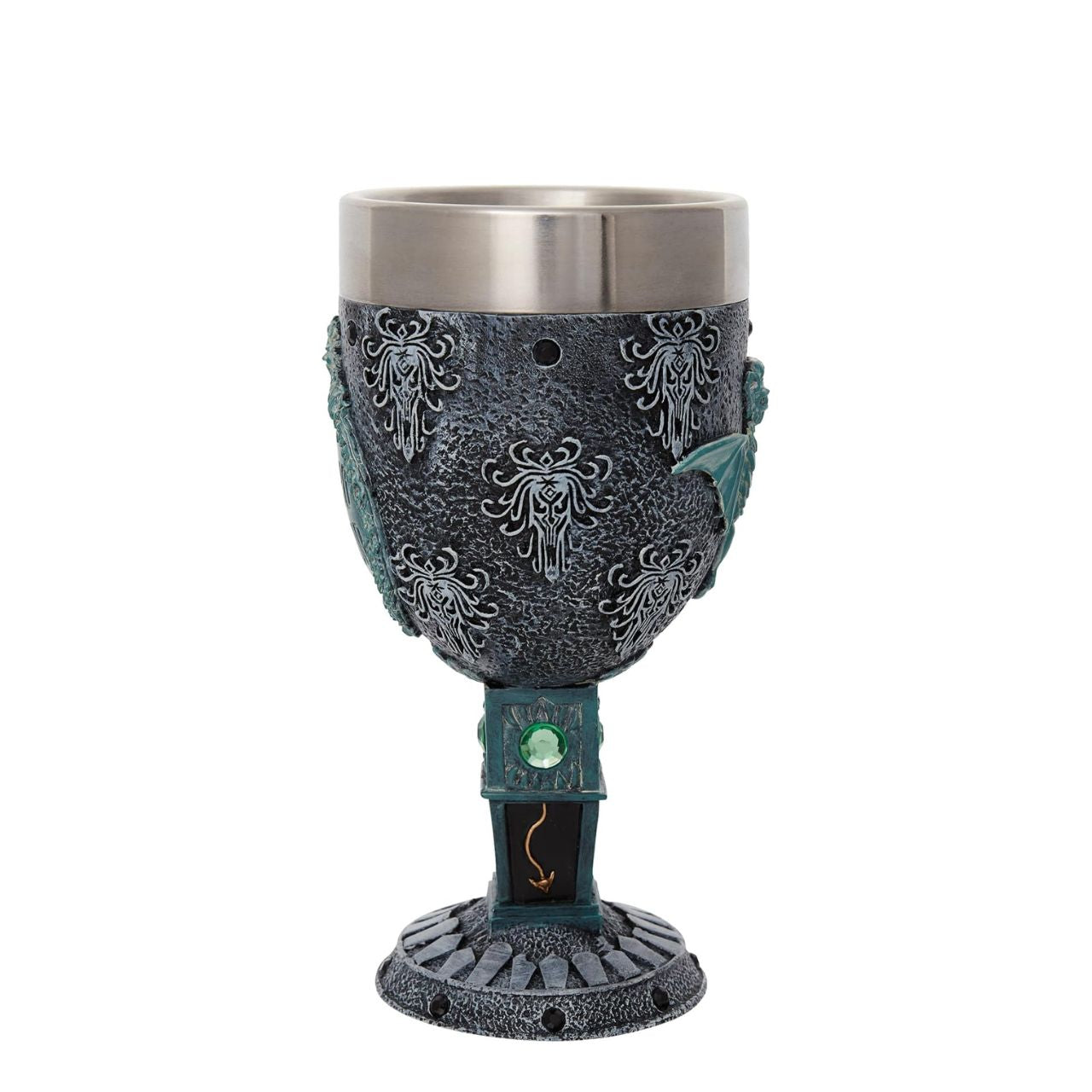 Haunted Mansion Decorative Goblet by Disney Showcase  The Haunted Mansion Goblet is adorned with black gems around the top and the base, creating a beautifully spooky statement piece. It features a clock design on the stem, a bat on the body of the piece and gravestones wrapped around the base, all inspired by the iconic Haunted Mansion ride