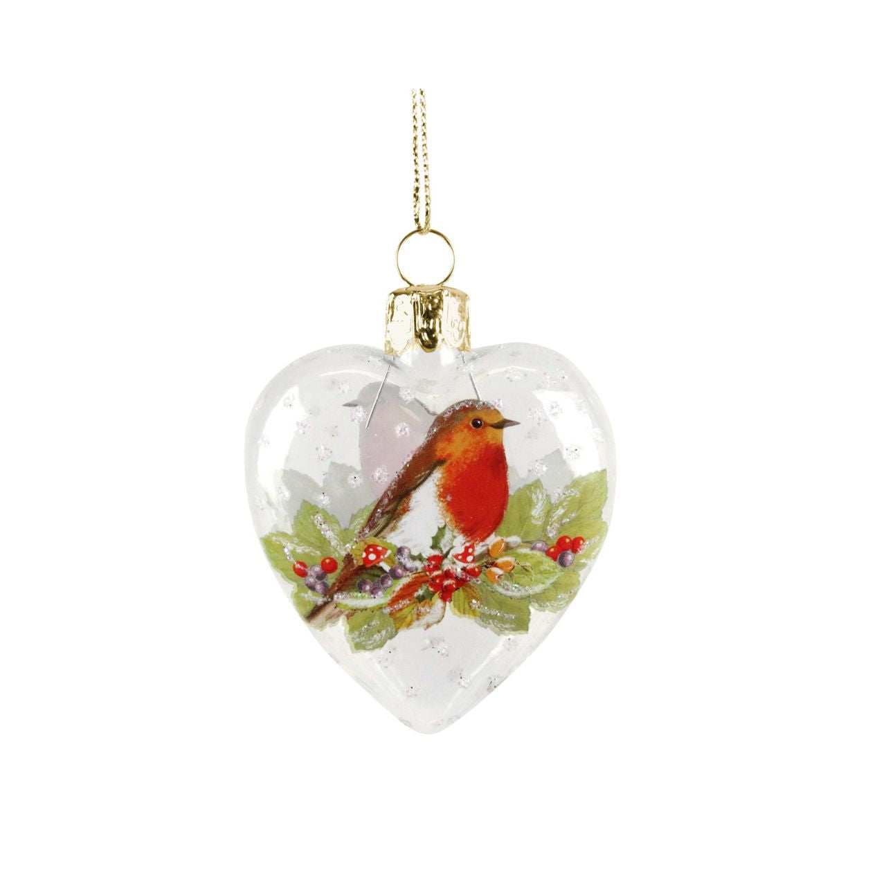 Gisela Graham Heart-Shaped Bauble with Robin Christmas Decoration  This unique heart-shaped Gisela Graham bauble is decorated with a Robin Christmas decoration, adding a whimsical touch to your holiday tree. Crafted with glass, it is sure to be a treasured family heirloom.