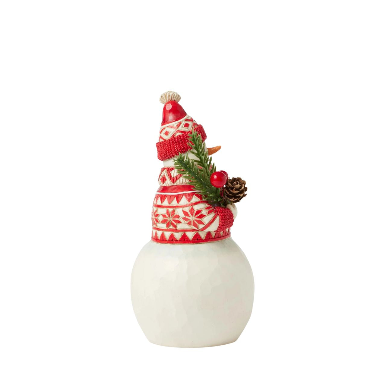 This cheerful Jim Shore Nordic Noel snowman is dressed in an intricately patterned red Nordic sweater, scarf, and hat, radiating warmth and holiday spirit. With a bright smile, he holds a fresh evergreen sprig in his hands, eagerly embracing the joys of Christmas.