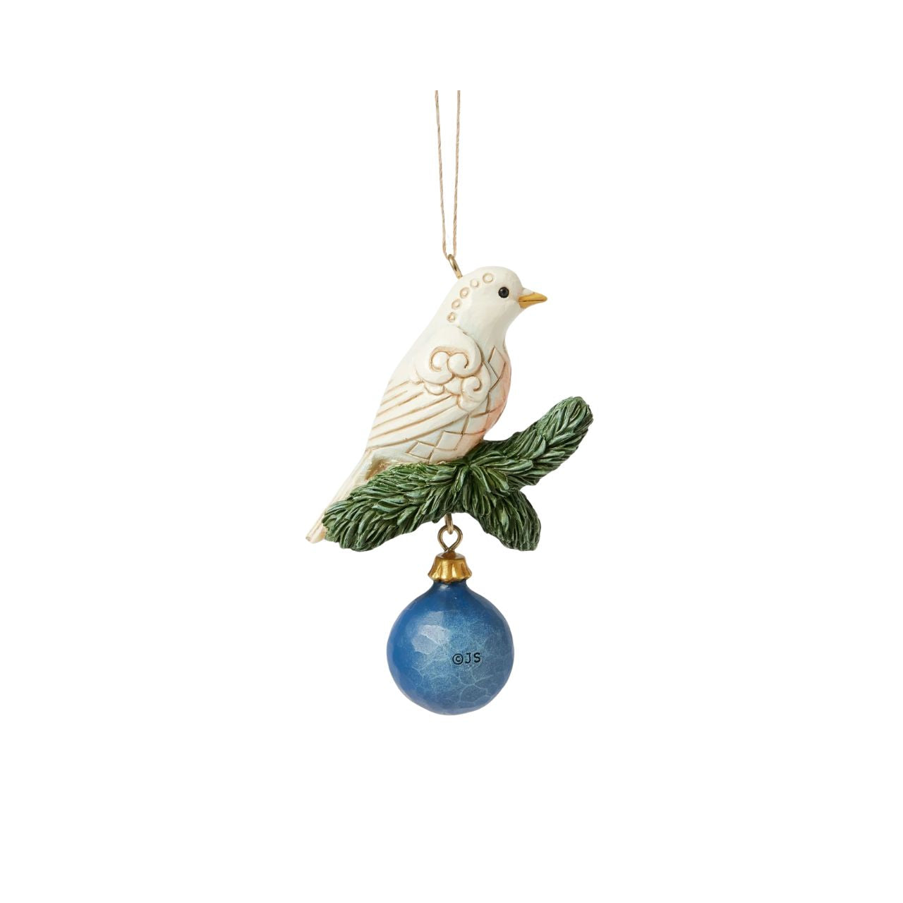 A beautiful white dove on a fir tree sprig with a gold and blue bauble makes this hanging ornament a beautiful addition to any Christmas tree.