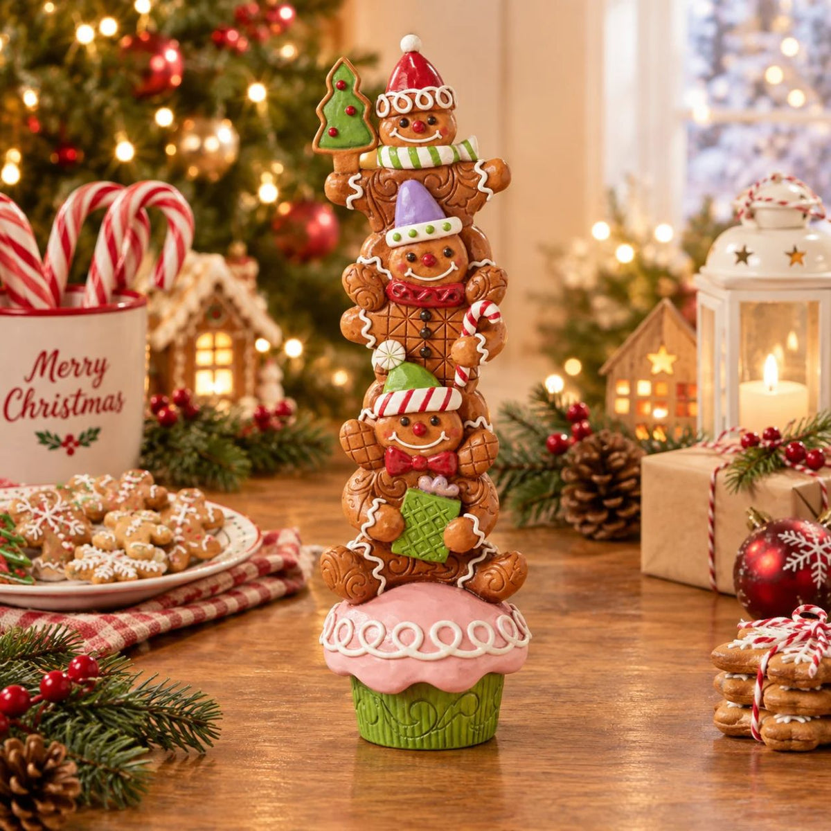 This delightful Gingerbread Christmas Jim Shore design features a festive cupcake topped with three cheerful gingerbread men, each adorned with colorful icing, candy, sprinkles, with signature Jim Shore patterning. They sure capture the joy and warmth of Christmas season.
