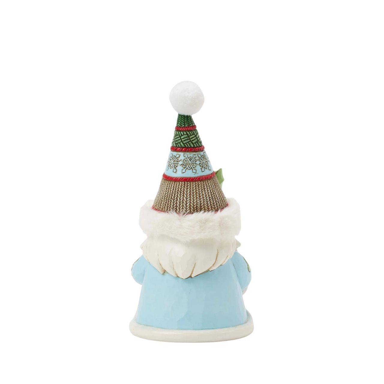 This festive Jim Shore gnome embodies holiday charm with a cozy hat with faux fur trim, intricate rosemaling, and snowflake patterns. Carrying a beautifully decorated wreath, he exudes warmth and joy bringing the spirit of Christmas to any space.