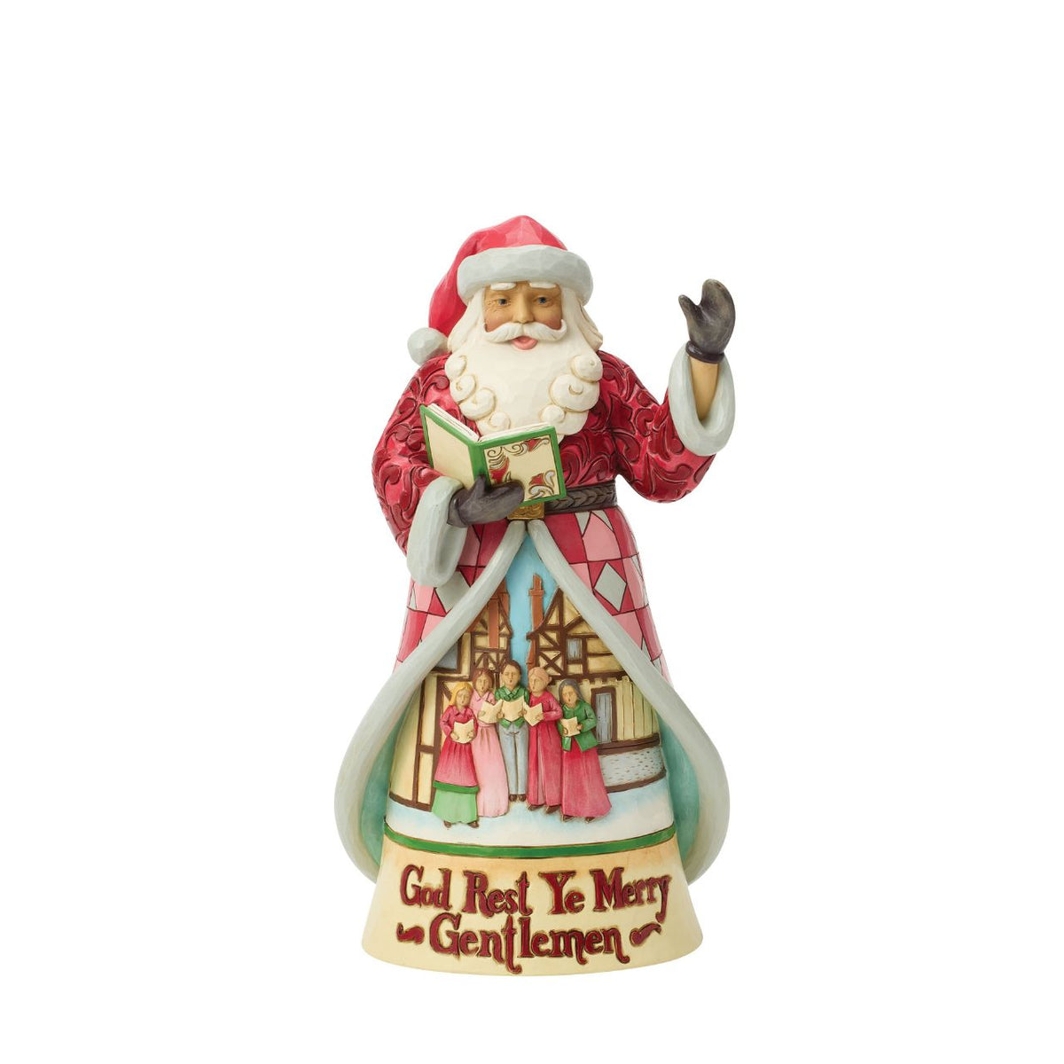 Celebrate the joy of Christmas music with this beautifully crafted Santa from Jim Shore’s Heartwood Creek collection. As Santa sings along, his richly detailed cloak reveals a charming Christmas carolling scene, accompanied by the traditional melody of “God Rest Ye Merry Gentlemen”.