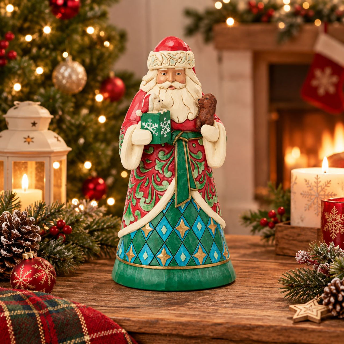This sweet Santa is joined by his furry friends, each one brimming with personality and sweetness. Jim Shore's artistry captures the joy our pets bring to the season, and inspires us to spread cheer. A perfect gift for animal lovers at Christmastime.