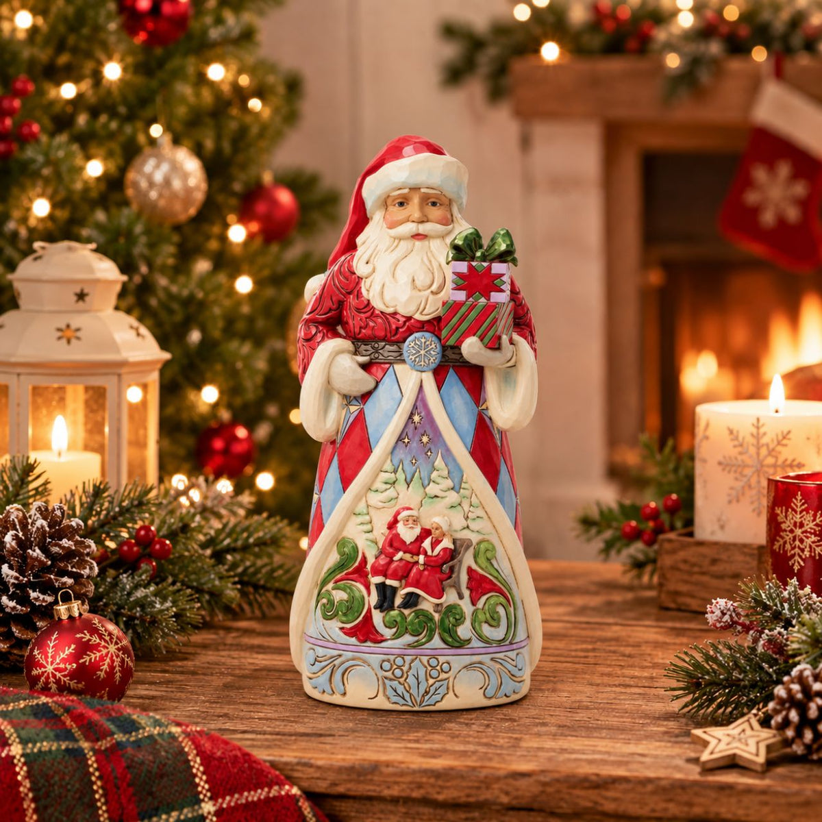 A charming winter scene unfolds on Santa's cloak. Santa and Mrs. Claus share the joy of the season. Jim Shore's detailed folk art makes this Santa both a decoration and a narrative treasure. A must-have for collectors and North Pole lore lovers.