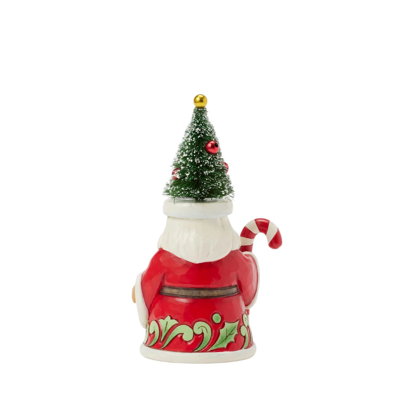 This pint-sized Jim Shore Santa, sporting a whimsical sisal tree decorated as a hat, brings joy with a cheerful smile and festive demeanour. Carrying a candy cane, his cloak is adorned with holly patterning as he embodies the spirit of Christmas.