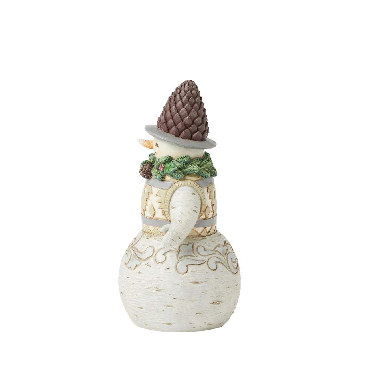 This cheerful Jim Shore designed snowman carrying a broomstick, sure is exuding charm with a wreath wrapped around his neck as a scarf and a pinecone hat. His delightful details capture the beauty of winter and the joy of the season.