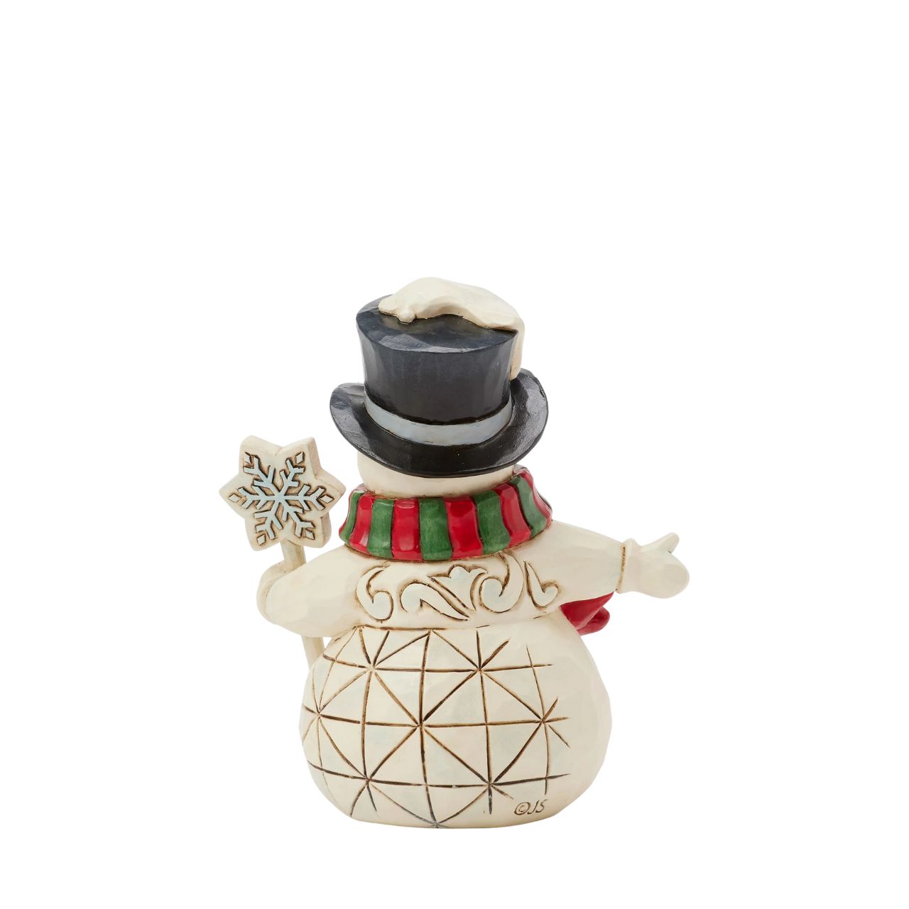This delightful Jim Shore miniature snowman brings holiday cheer with a snowflake-topped cane and a festive red and green. His charming top hat, adorned with holly and dusted with snow, makes him a joyful addition to your holiday home.