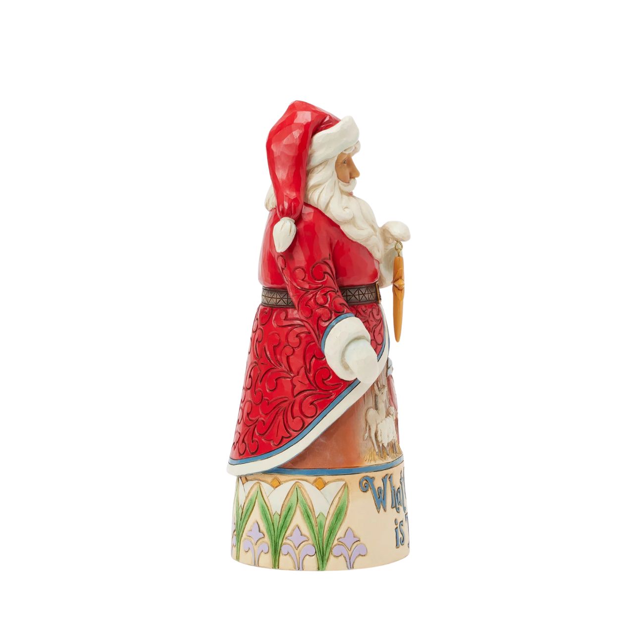 From the Santa Song Series this enchanting Jim Shore Santa beams as he holds the Christmas star, his intricate cloak parting to reveal a serene manger scene of Mary and Jesus with animals. Scripted "What Child is This,