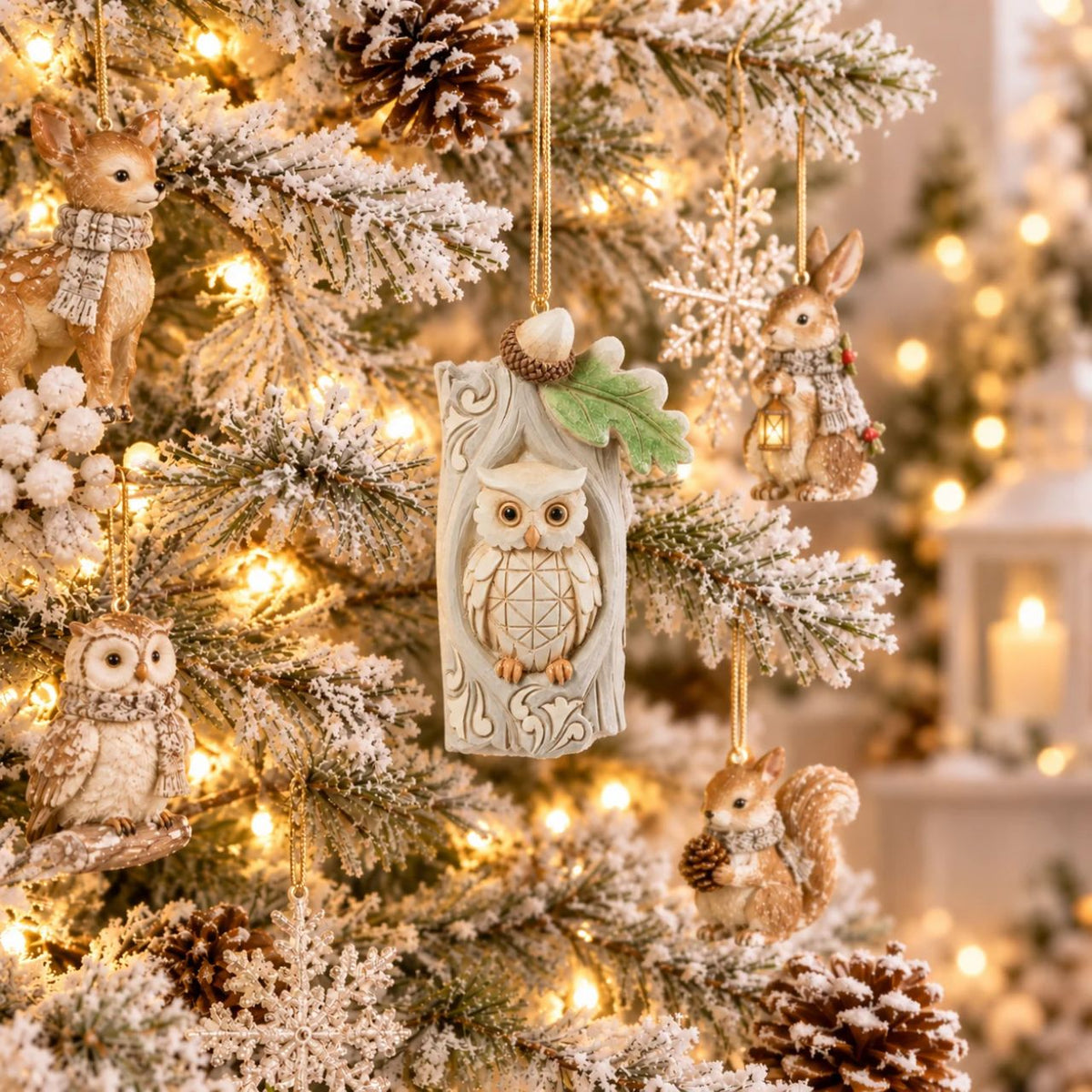 This delightful Jim Shore ornament features a charming owl nestled comfortably in the hole of an acorn tree, capturing the serenity of woodland life. With intricate detailing, this piece adds a touch of nature-inspired charm to your holiday tree.
