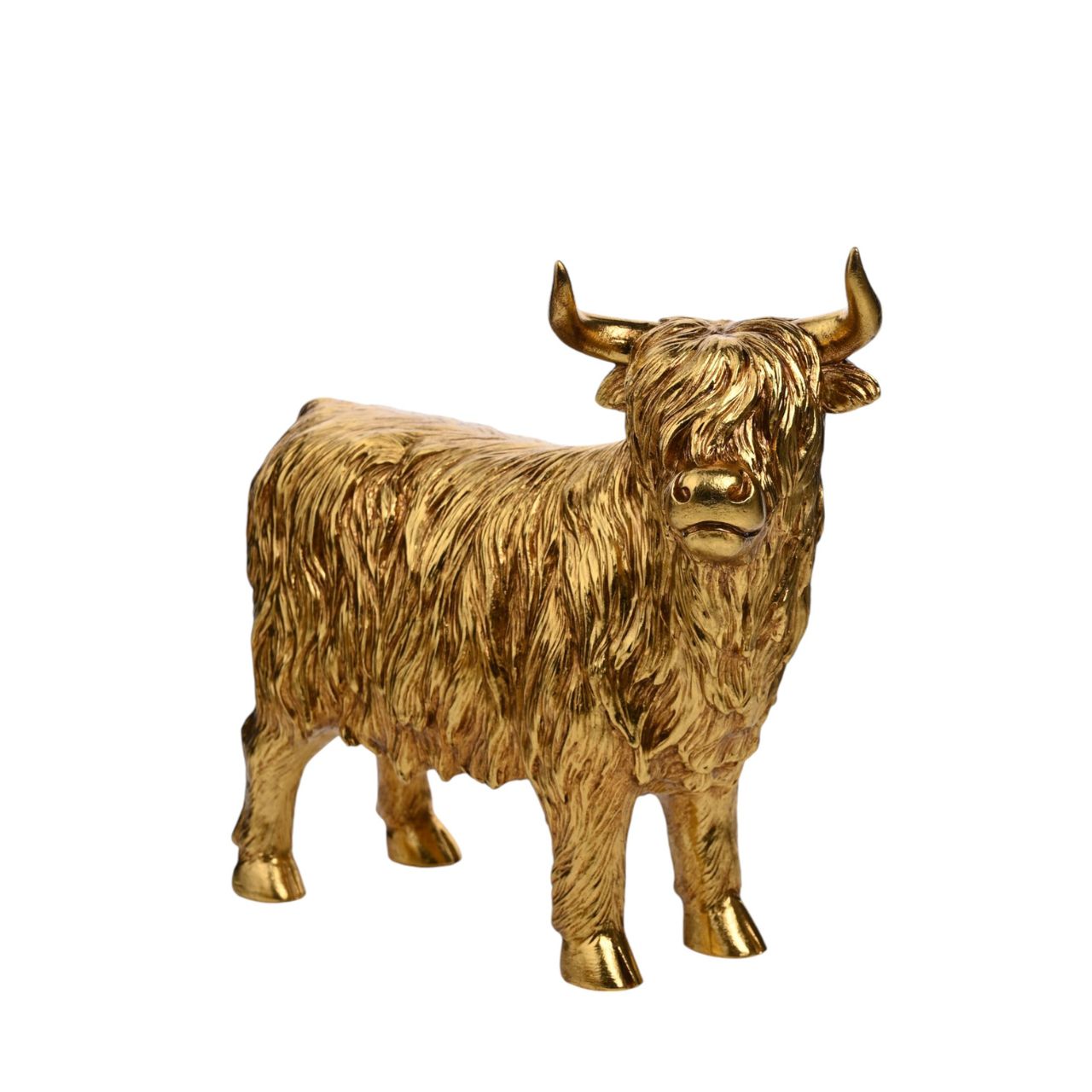 Make a bold statement with the Hestia Gold Highland Cow. This striking figurine features a shaggy highland cow in rich gold tones.