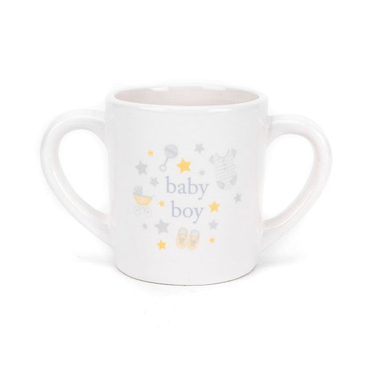 Hello Baby Double Handled Mug "Baby Boy"  An irresistibly adorable LITTLE BOY double handled ceramic baby cup. From the Hello Baby collection by CELEBRATIONS - gifts to celebrate a perfect new arrival.