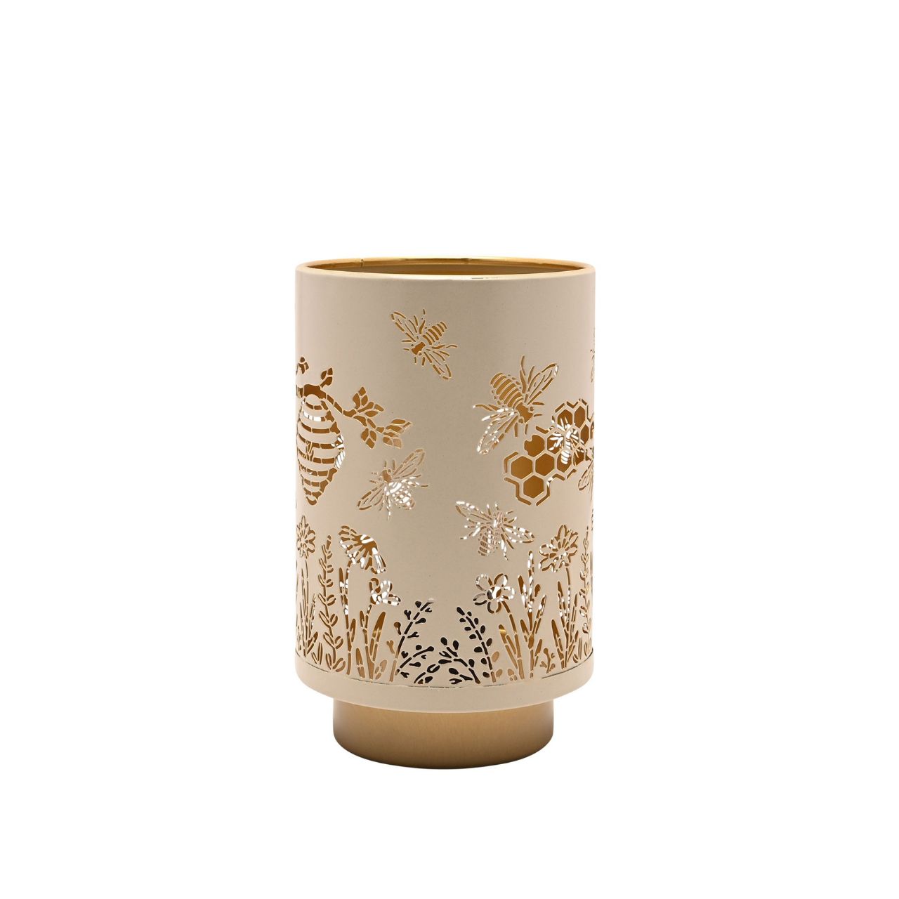 A decorative LED table lamp featuring delicate bee, honeycomb, and floral cut-out detailing. The soft neutral finish paired with warm gold accents creates a cosy, nature-inspired look.