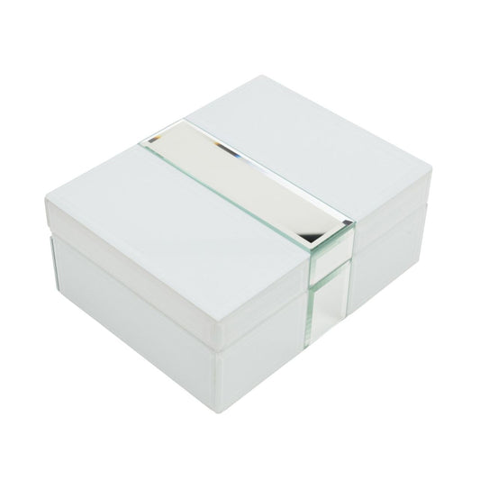 Hestia Mirror and White Glass Jewellery Box  Crisp white glass side panels. Silver Mirrored Panels with deluxe Bevelled edges. Luxury velveteen lining.