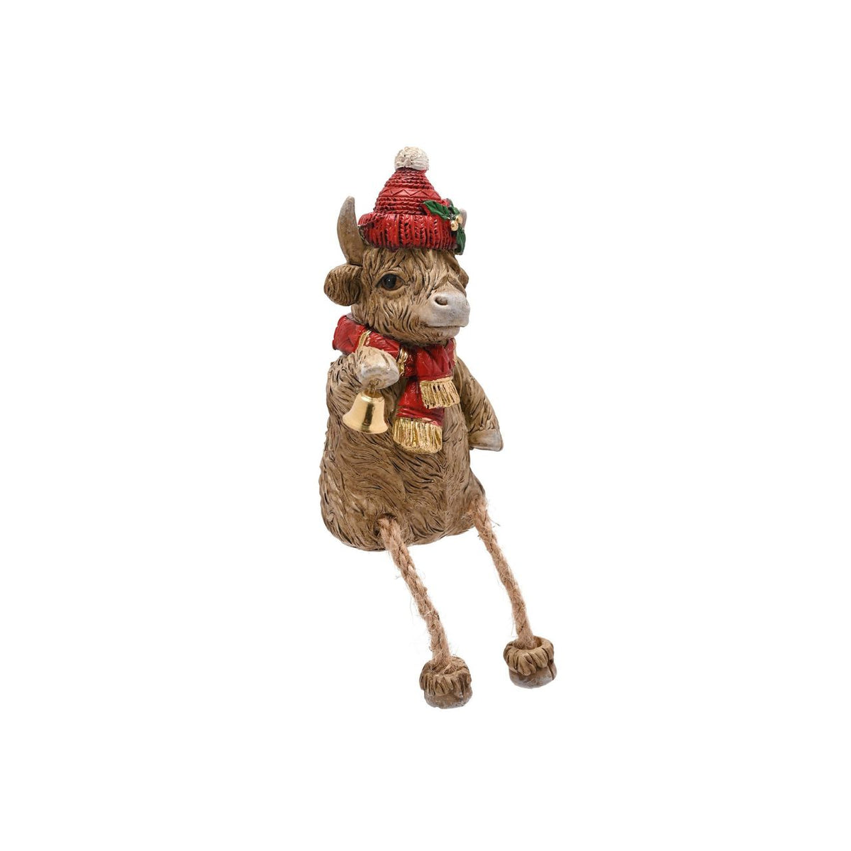 Welcome home the Highland Cow Christmas Figurine with Hanging Legs, a jovial addition to your festive décor. Its charming red hat and scarf bring warmth and character to any room.