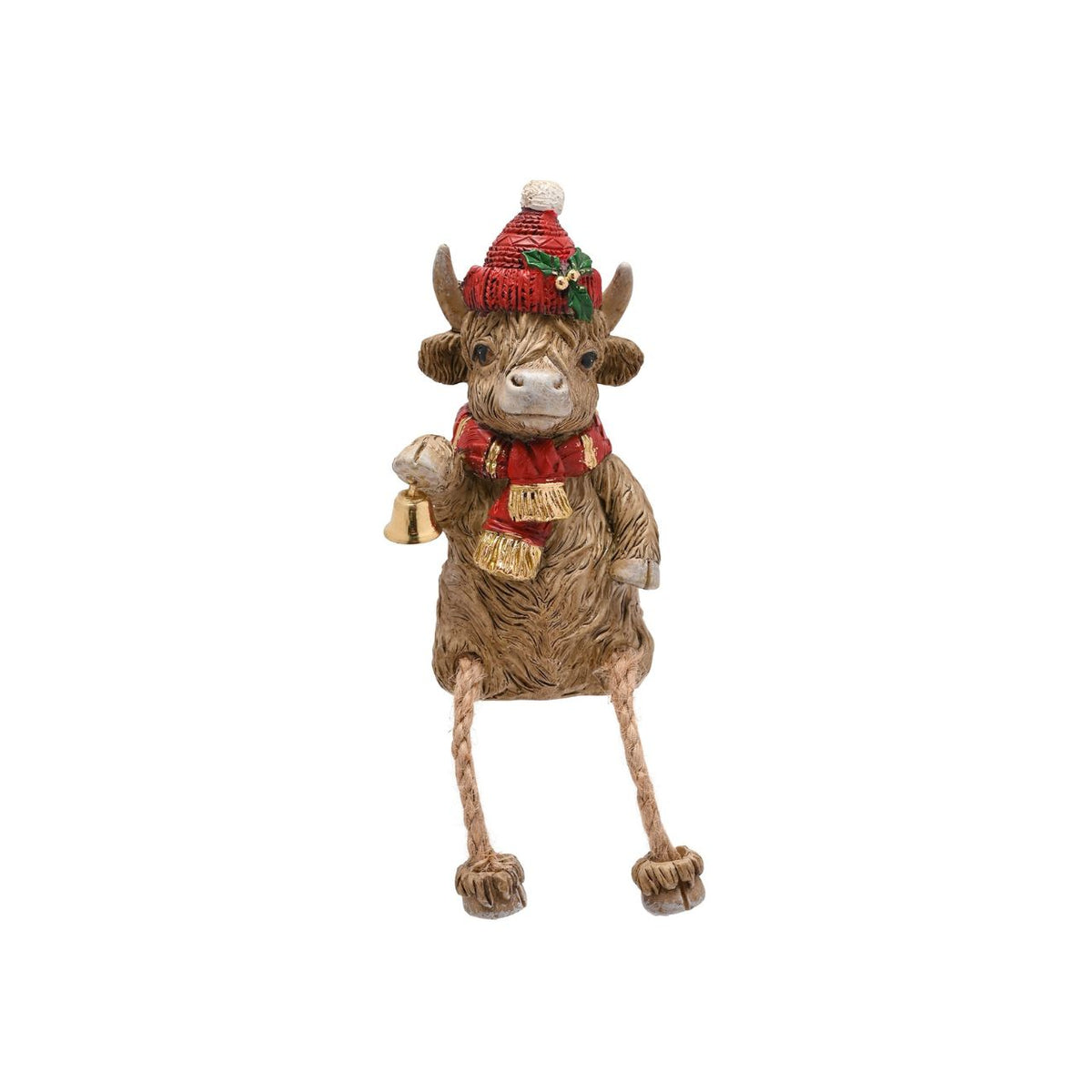 Welcome home the Highland Cow Christmas Figurine with Hanging Legs, a jovial addition to your festive décor. Its charming red hat and scarf bring warmth and character to any room.