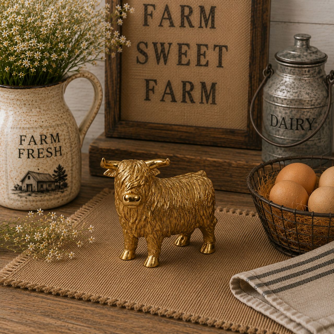 Add a touch of the Scottish Highlands to your decor with the Hestia Gold Highland Cow figurine. Crafted in shimmering gold with a charming shaggy coat, this small ornament delights animal lovers and adds a rustic accent to any shelf, table, or mantlepiece.