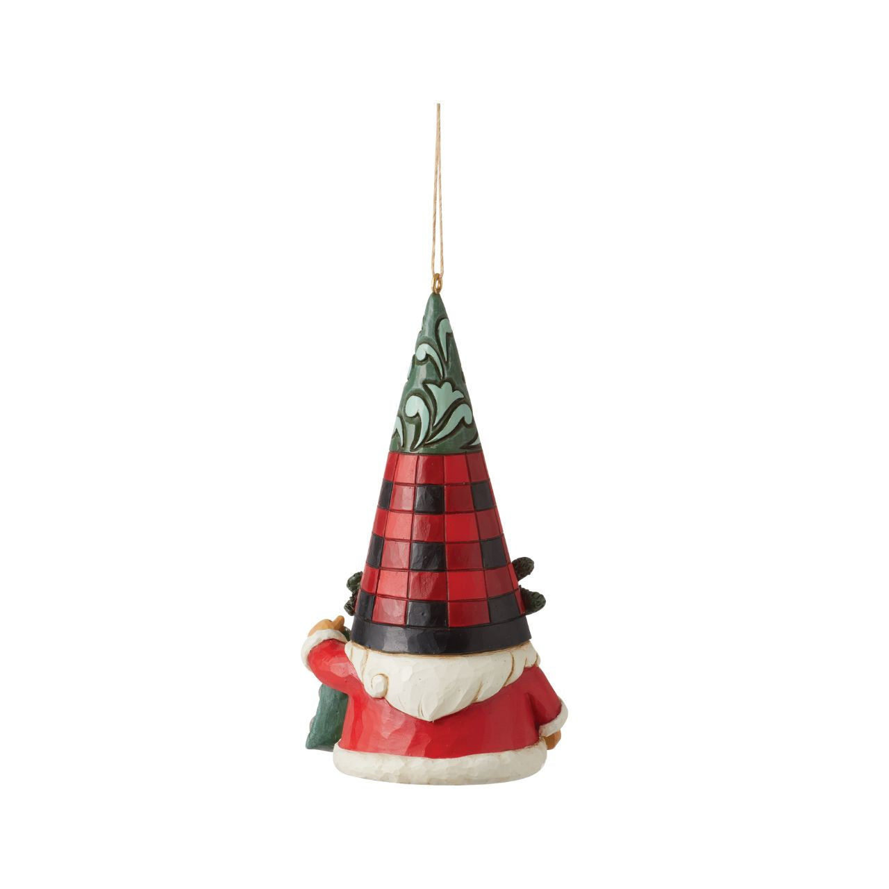 No one knows gnomes like Jim Shore! Creating yet another gnome, Jim has put a playful spin on Christmas. This Highland Glen holiday gnome ornament wears a plaid red hat topped in green rosemaling and belted in holly. He holds a ring of jingle bells.