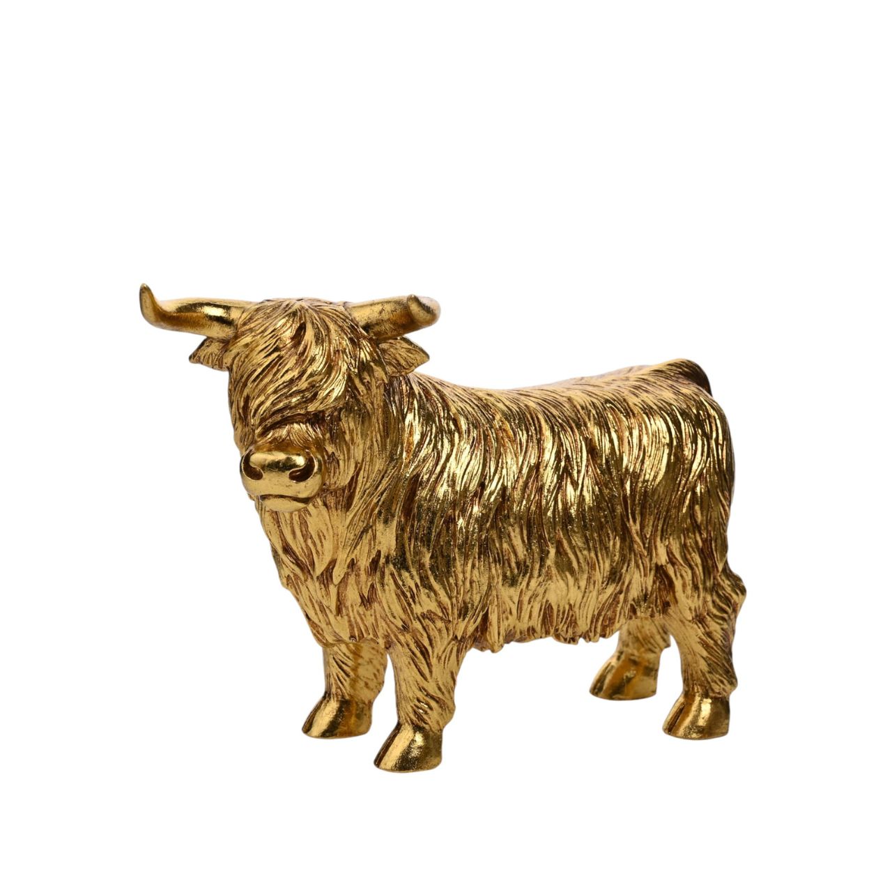 Add a touch of the Scottish Highlands to your decor with the Hestia Gold Highland Cow figurine. Crafted in shimmering gold with a charming shaggy coat, this small ornament delights animal lovers and adds a rustic accent to any shelf, table, or mantlepiece.