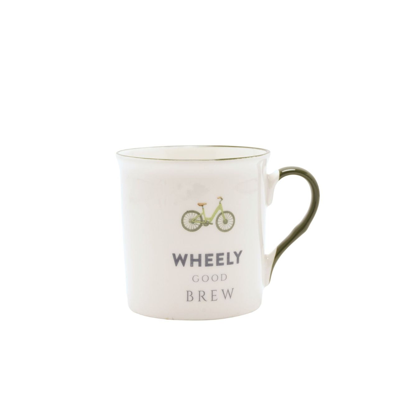 A white ceramic mug with a bicycle illustration and the text "Wheely Good Brew" printed on it.